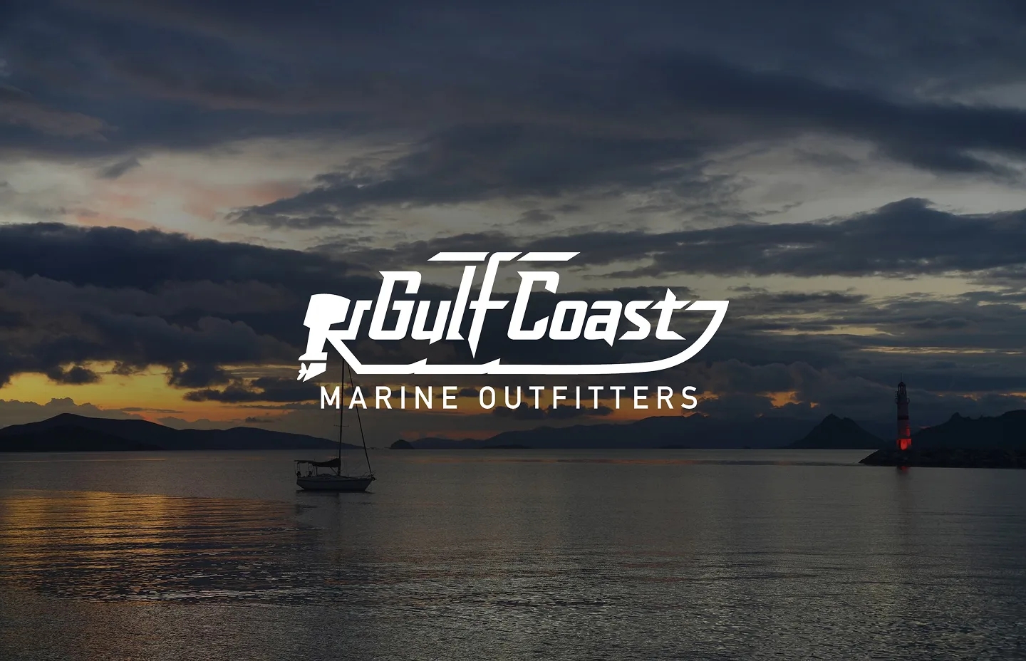 Gulf Coast Marine Outfitters logo over a sunset harbor scene