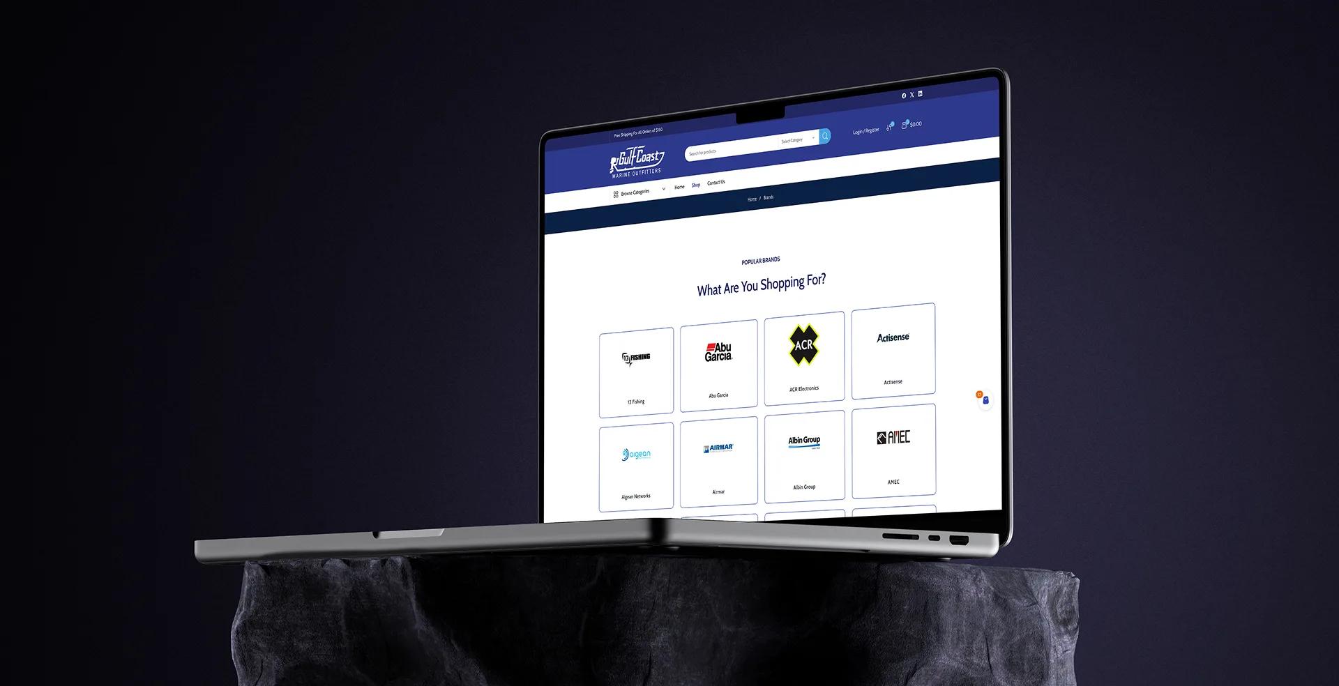 Gulf Coast Outfitters brand selection page shown on a laptop