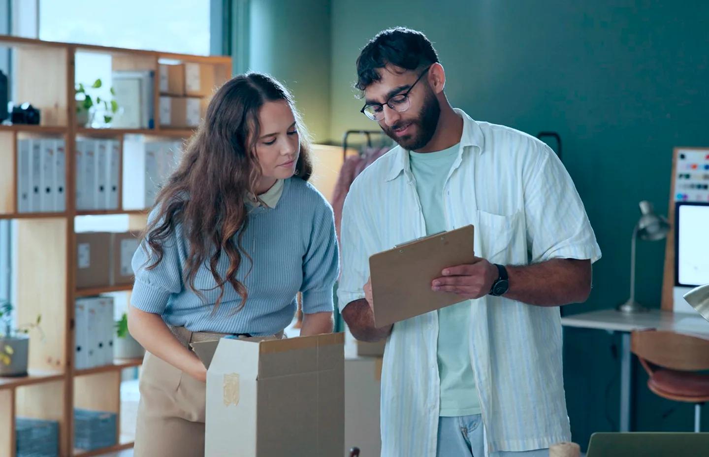 Two team members reviewing shipping boxes and a clipboard