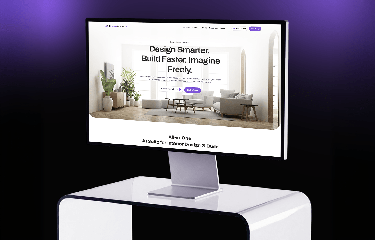 HouseBrands AI homepage displayed on a monitor