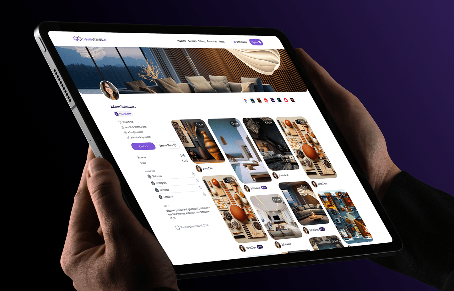 Designer profile page held on a tablet