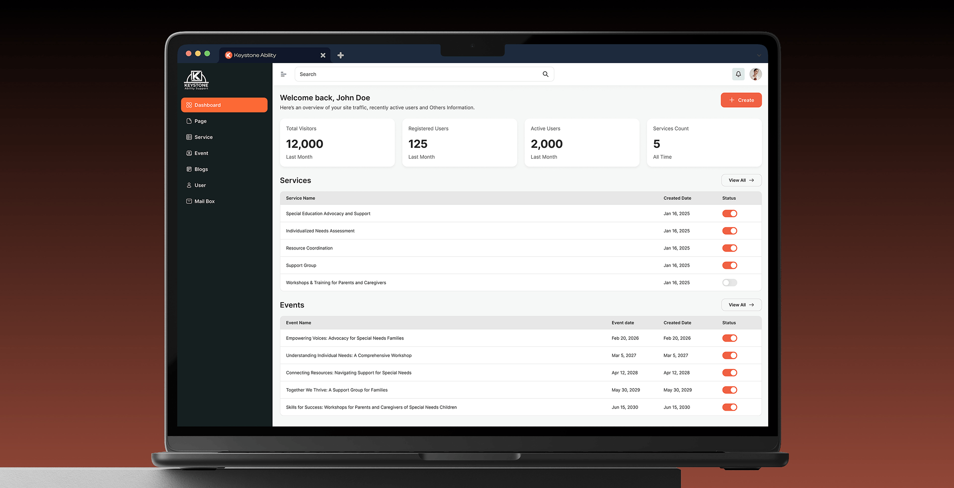 Keystone admin dashboard shown on a laptop