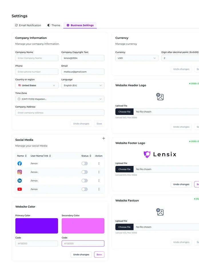 Lensix settings and branding panel