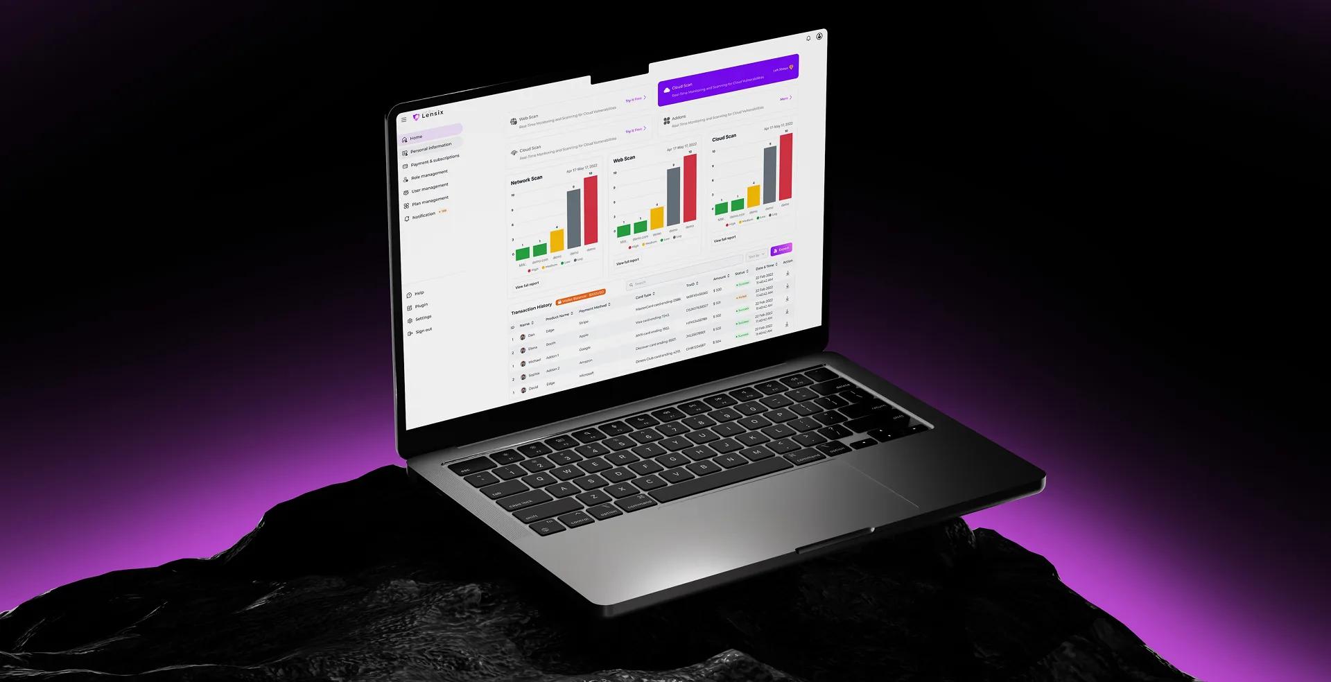 Lensix vulnerability dashboard shown on a laptop