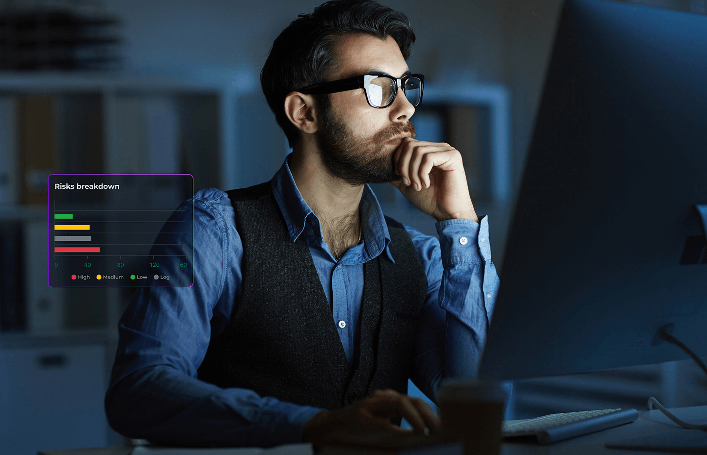 Security analyst reviewing a risks breakdown widget at a monitor