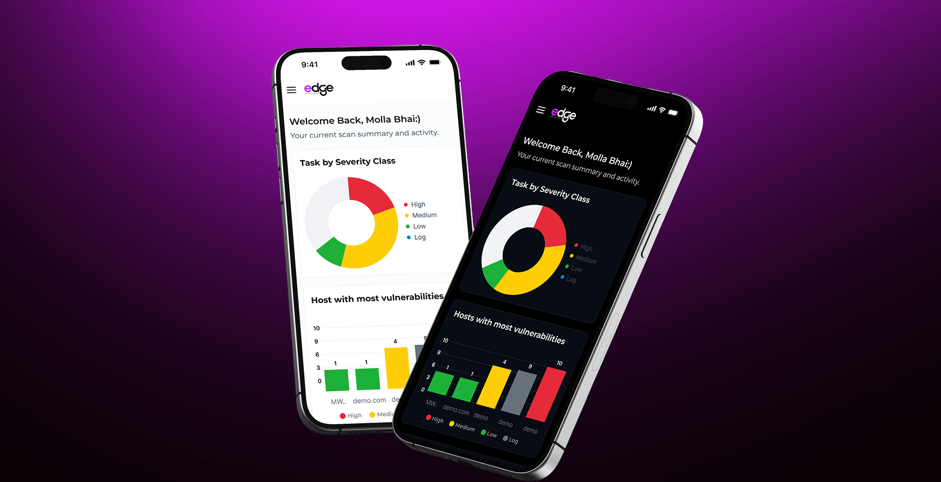 Two phones showing Edge dashboard screens