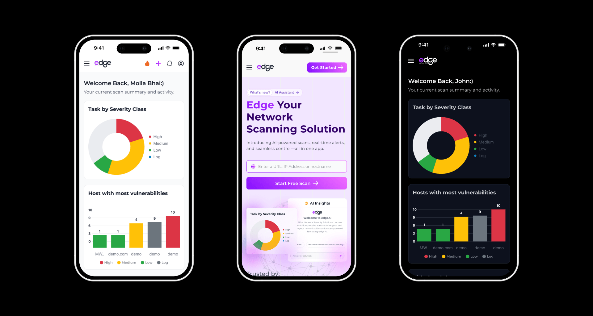 Three phones showing Edge dashboard variants