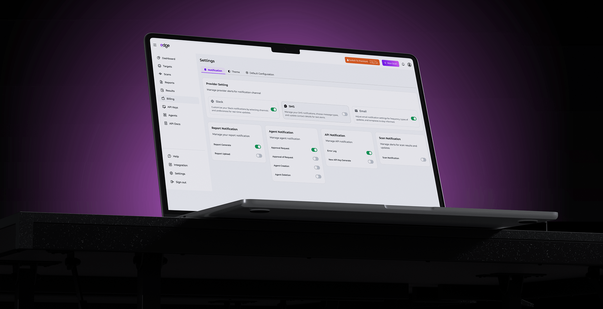 Laptop showing the Edge settings and notification panel