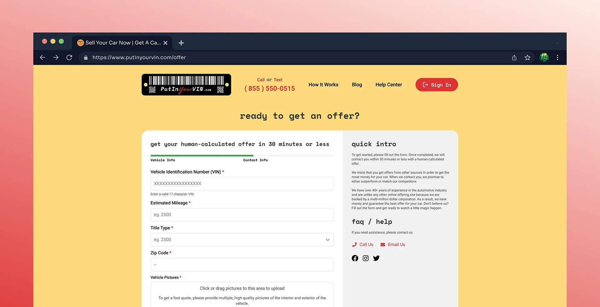 PutInYourVIN.com offer form and quick intro shown in a browser