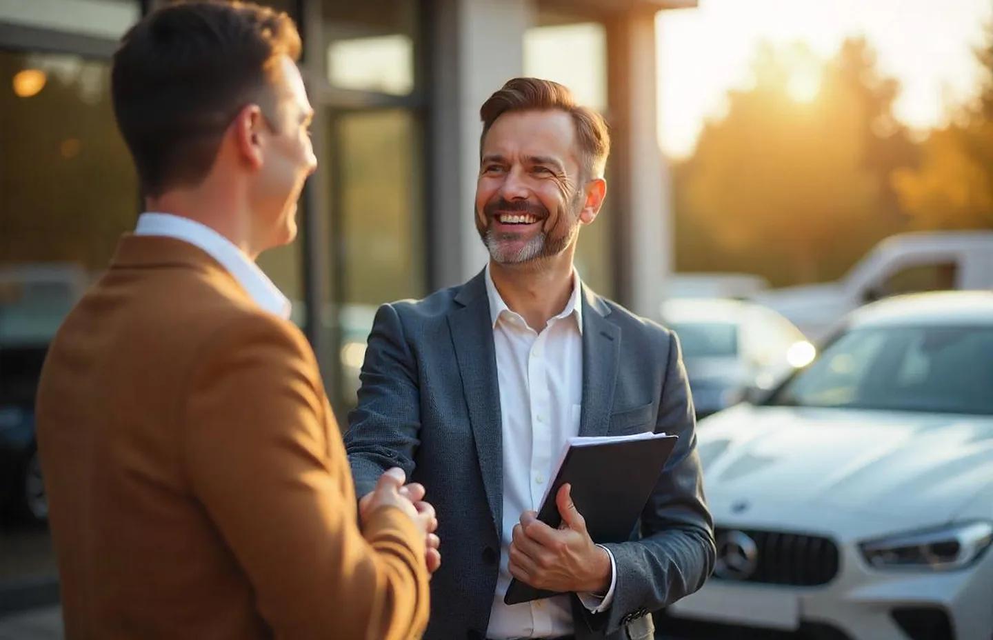 Two people shaking hands in a car dealership parking lot