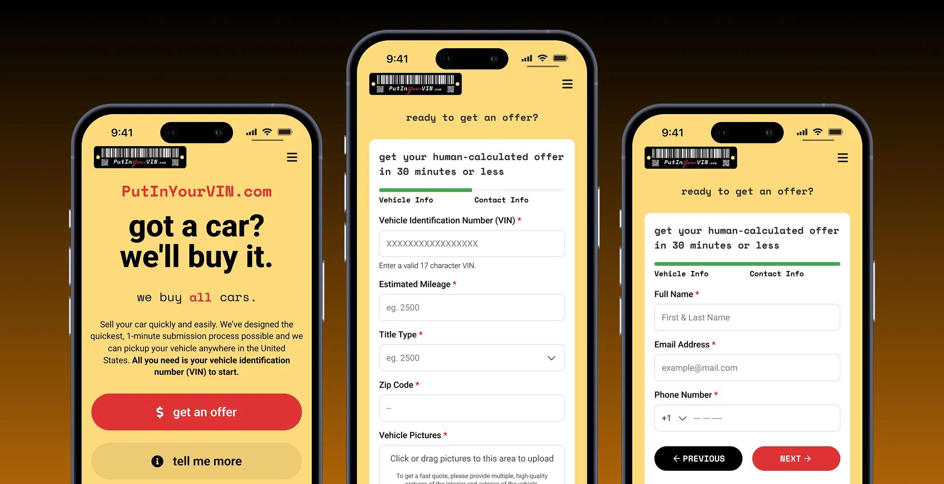 PutInYourVIN.com submission flow shown on three mobile phones
