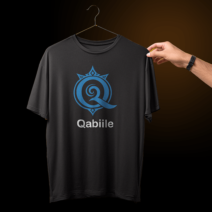 Qabiile branded black t-shirt mockup on a hanger
