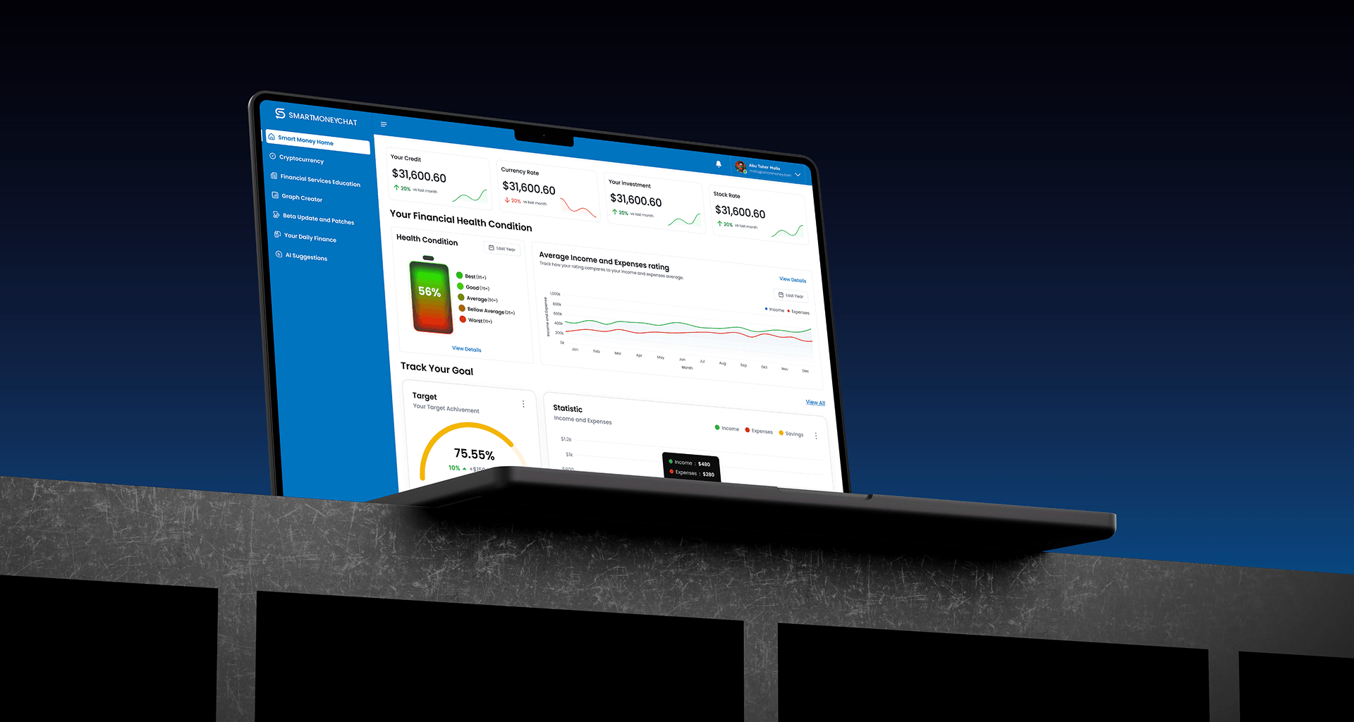 Laptop displaying Smart Money Chat financial health dashboard
