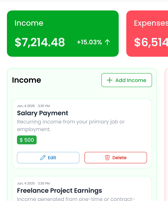 Income and expenses card components