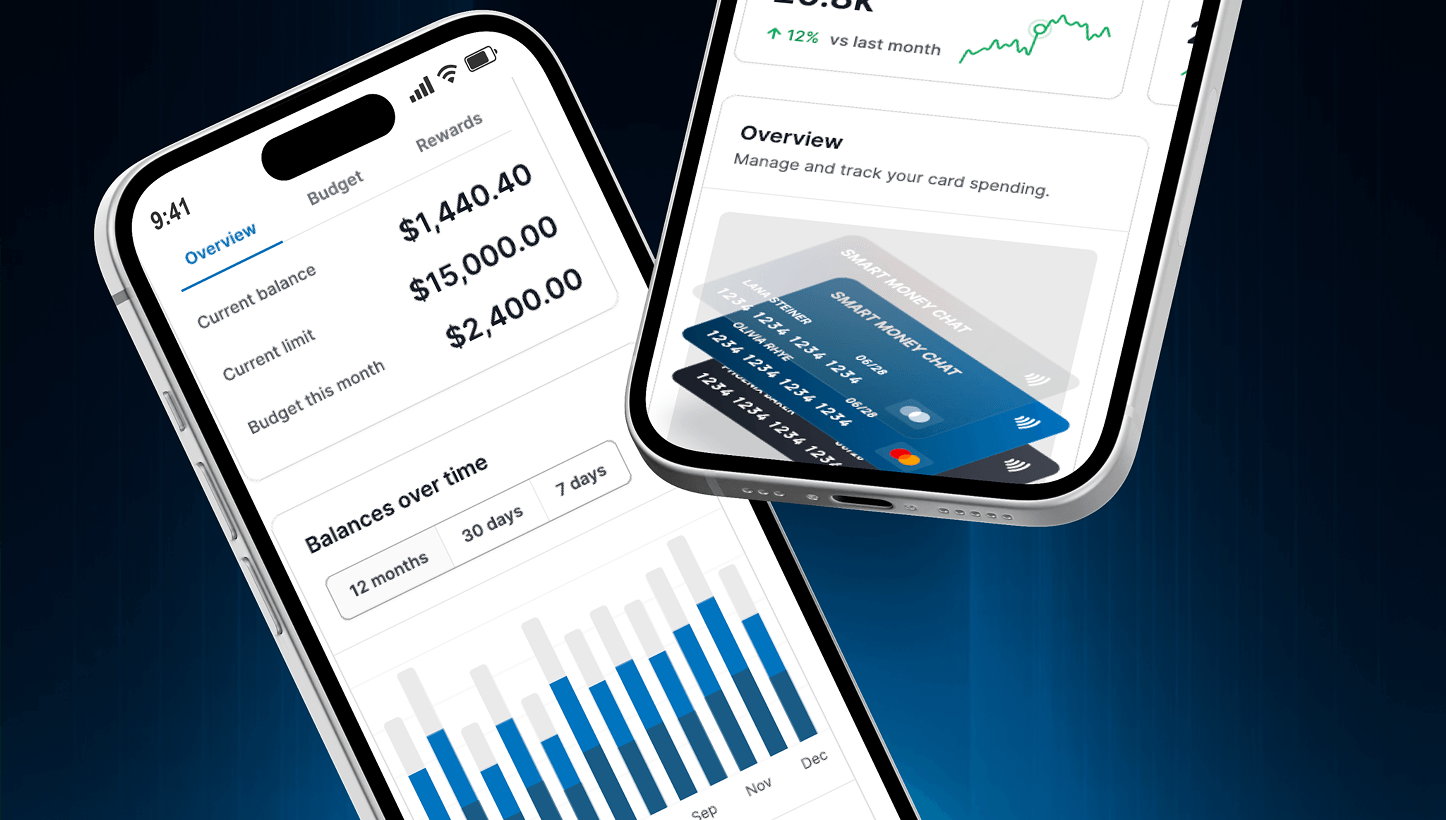 Two phones showing balance and card spending components