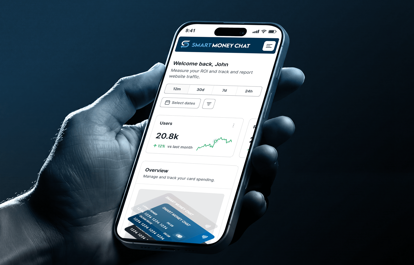 Hand holding smartphone showing Smart Money Chat mobile app dashboard