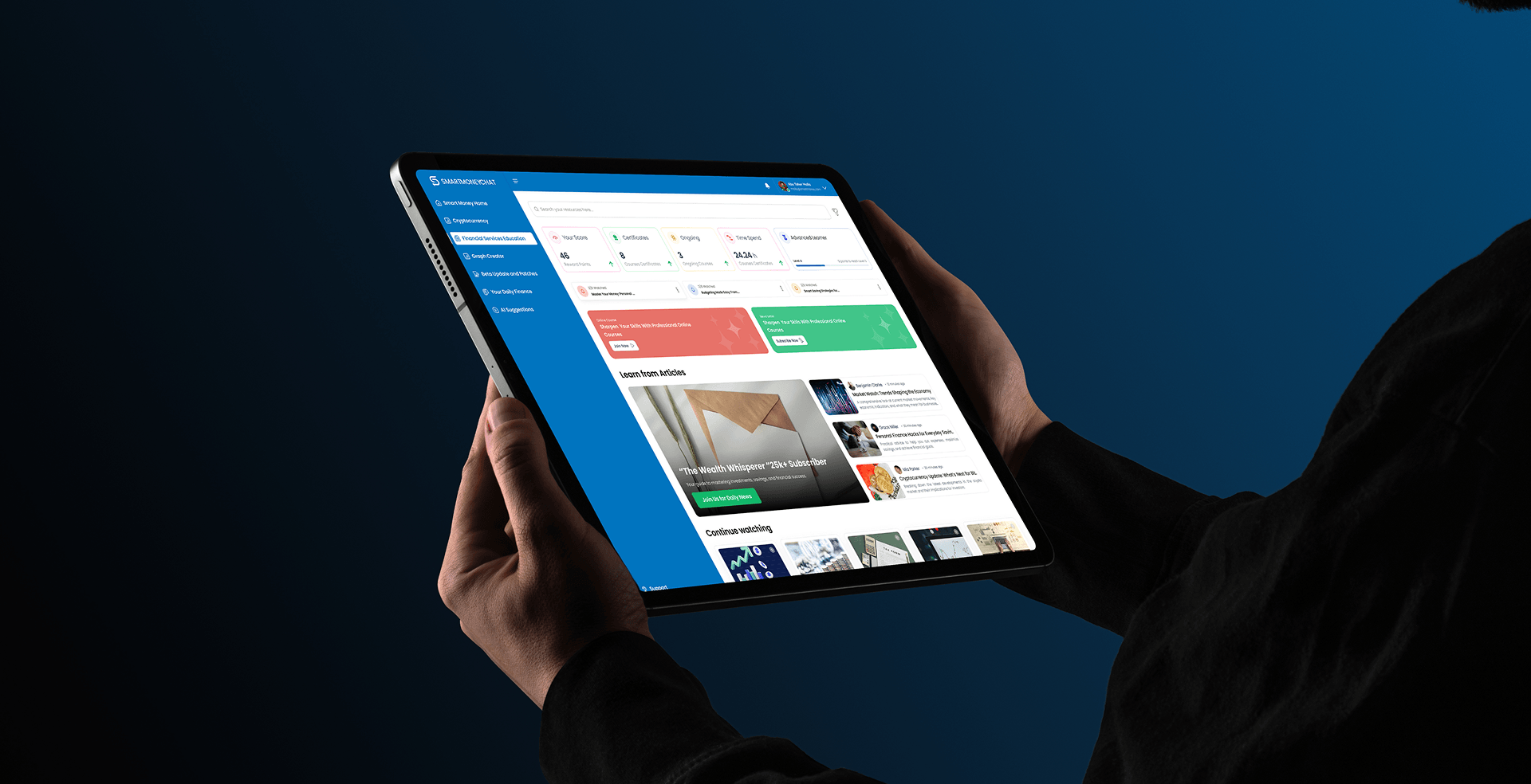 Tablet showing the Smart Money Chat Study Mode learning dashboard