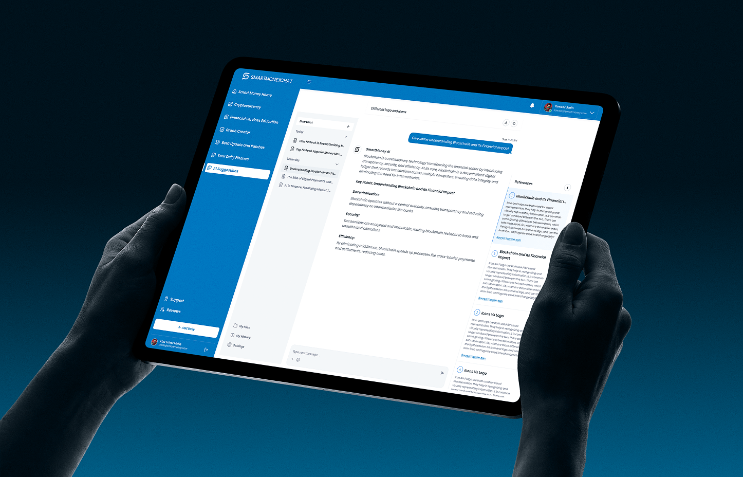 Tablet showing the Smart Money Chat AI assistant answering a financial question