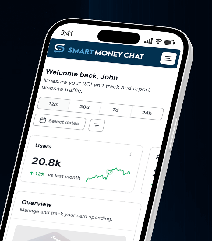 Phone showing the Smart Money Chat mobile home dashboard