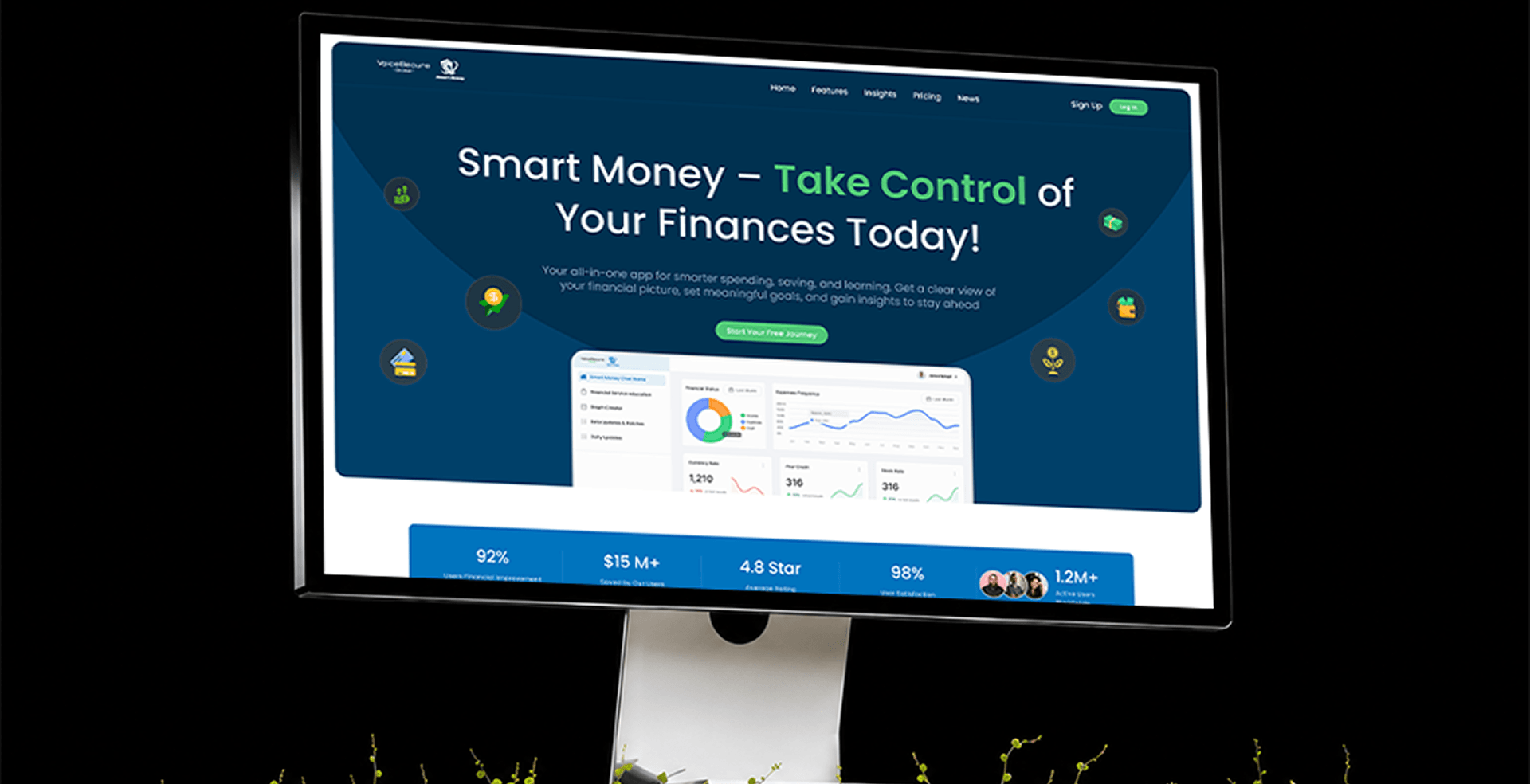 Monitor on a stand showing Smart Money Chat platform