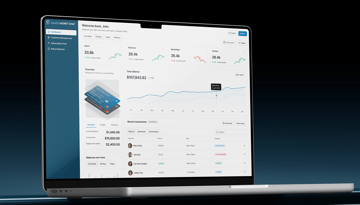 Laptop showing the Smart Money Chat super admin dashboard