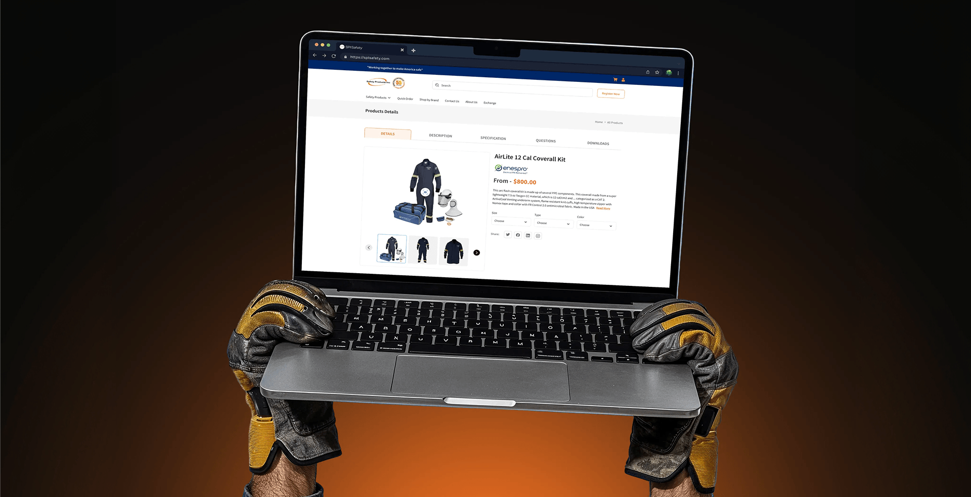 Rugged laptop displaying SPI Safety technical product catalog