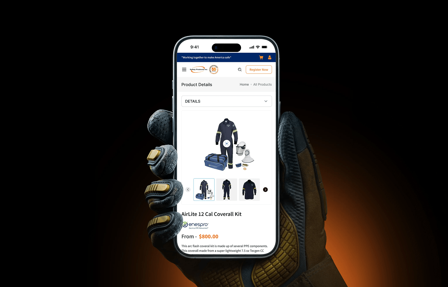 Gloved worker using SPI Safety mobile procurement app