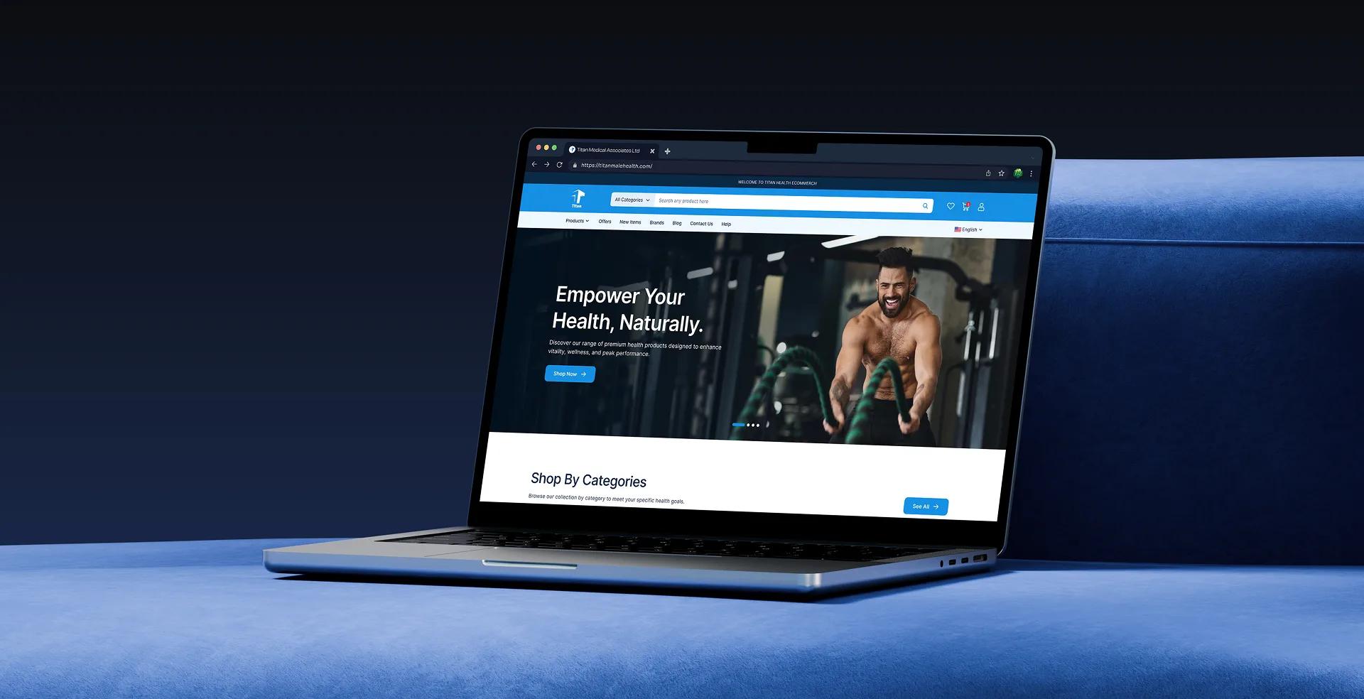 Titan Health homepage on a laptop against a blue backdrop