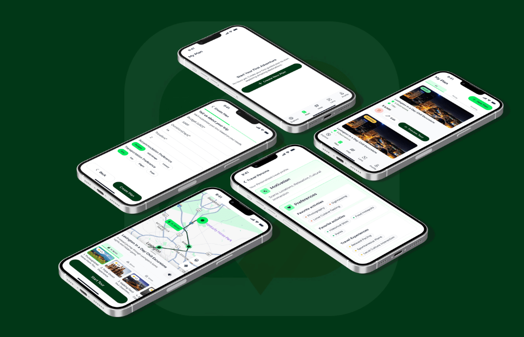 Trekly AI tour planning screens mockup