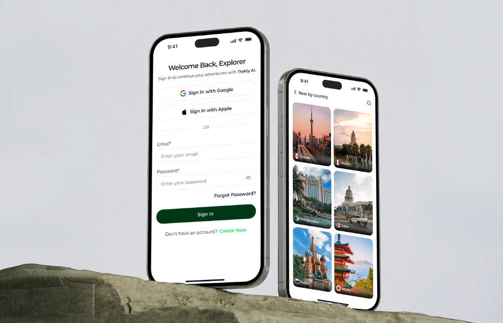 Trekly authentication and nearby country screens mockup