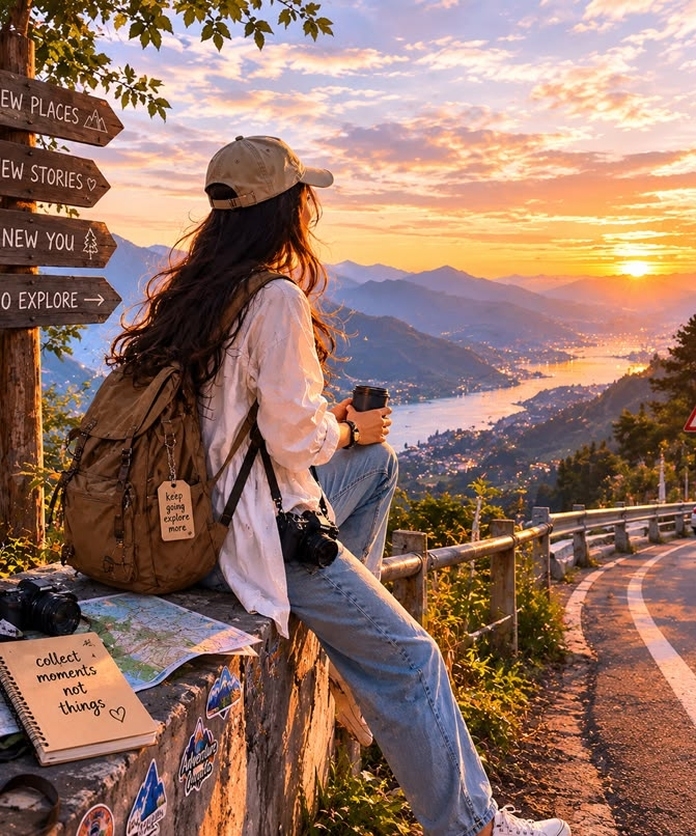 Traveler looking at sunset view