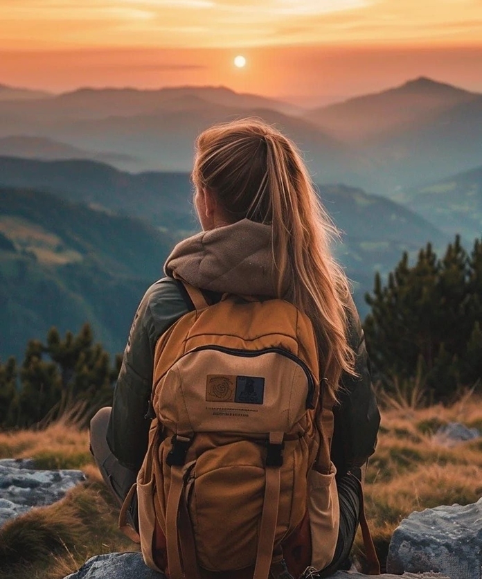 Traveler with backpack looking at sunset mountains