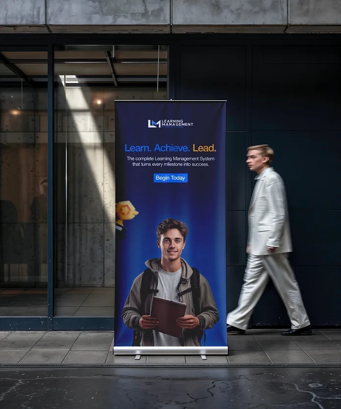 Trophy Club LMS pull-up banner outside an office