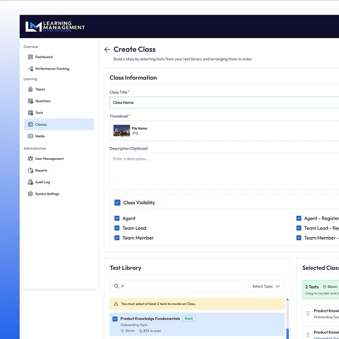 Trophy Club LMS create class screen