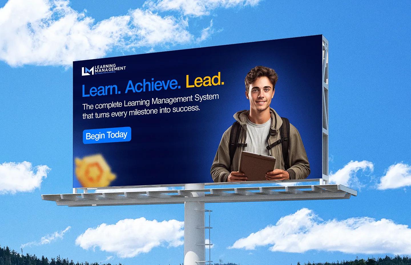 Trophy Club LMS billboard against a blue sky