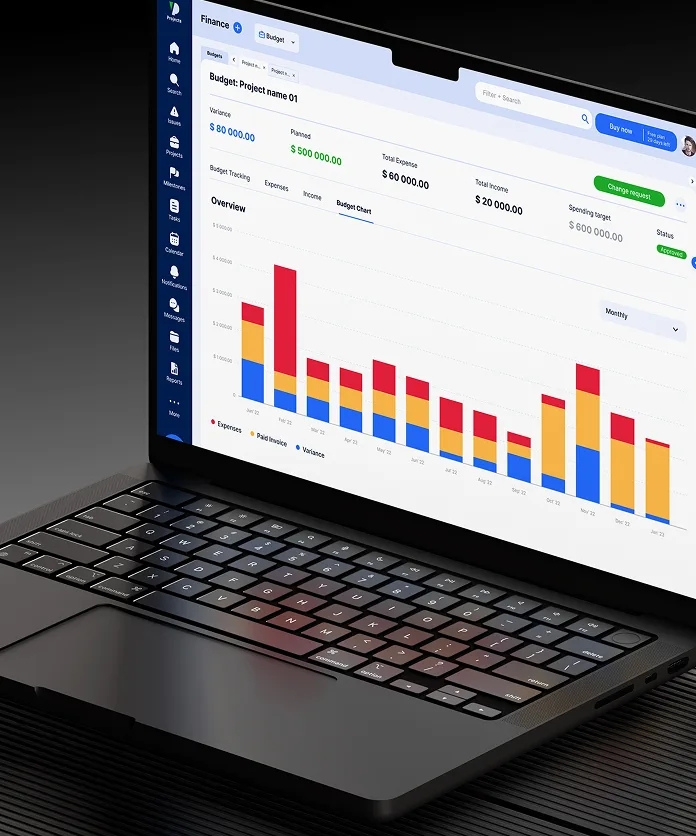 Vida Dynamic budget and project research dashboard shown on a laptop