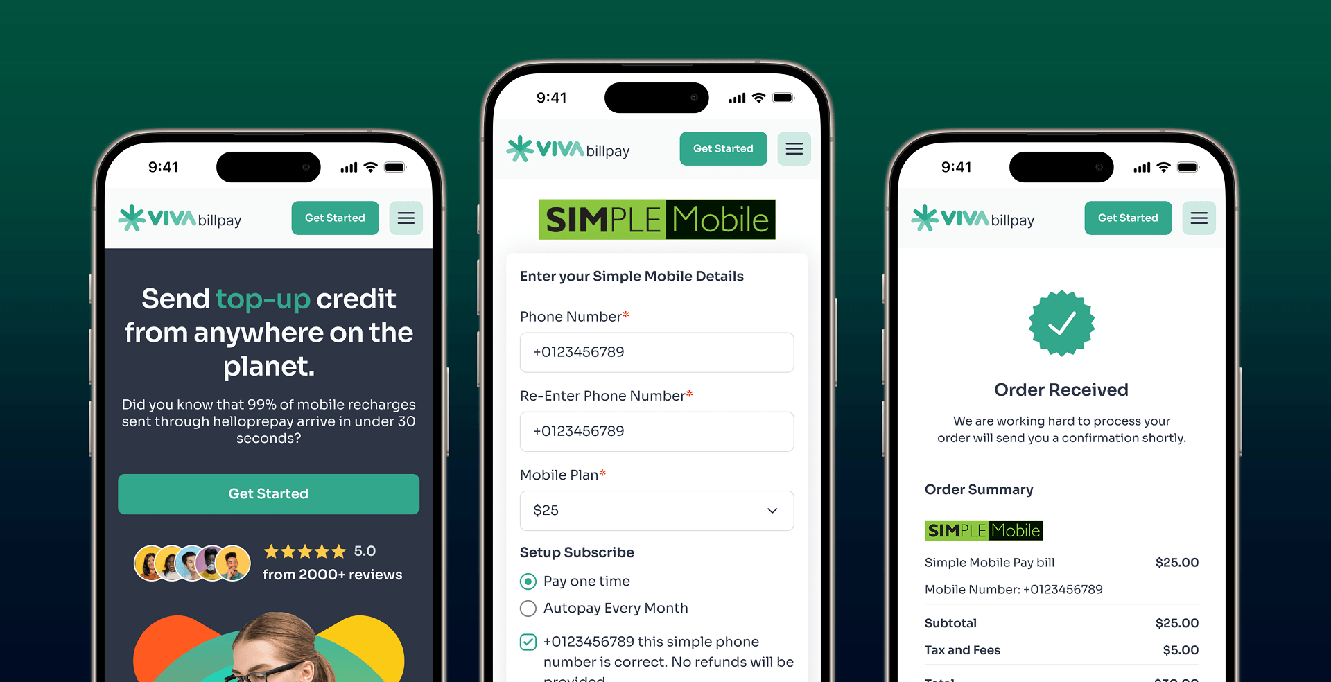 Three phones showing different screens of the Viva Bill Pay app flow