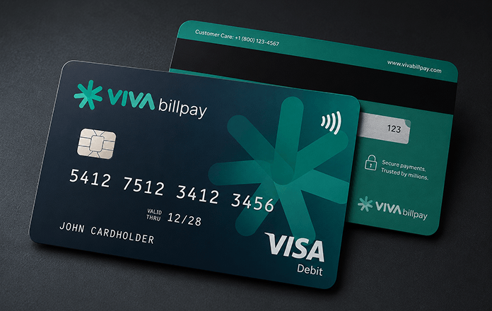 Viva Bill Pay debit card mockups in deep teal and green design