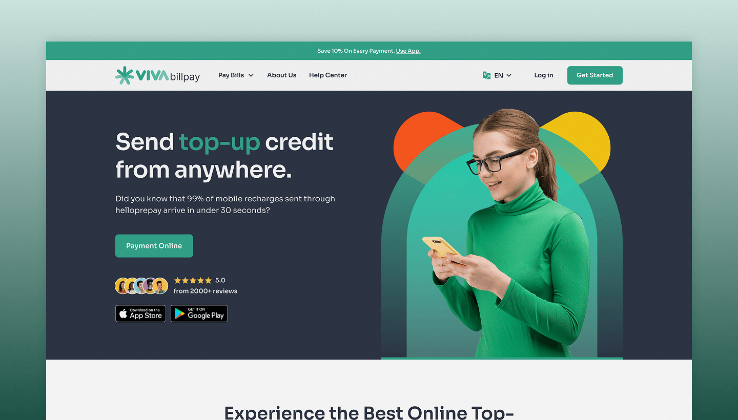 Viva Bill Pay homepage displayed in a laptop mockup